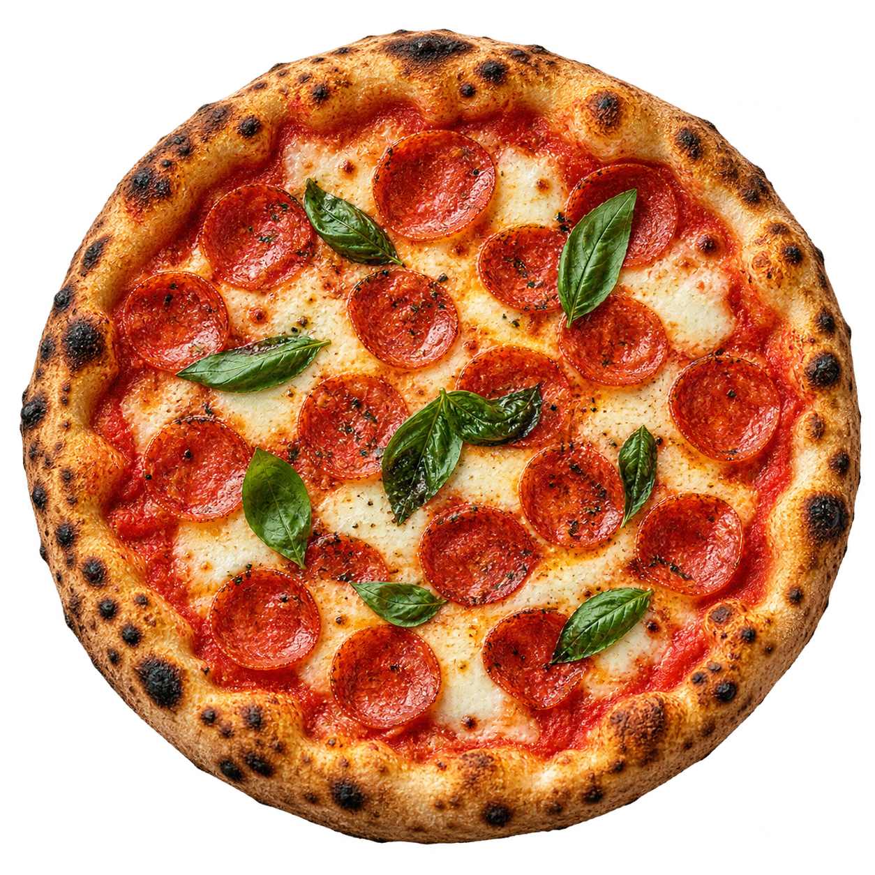 Pizza z mozzarellą, salami i świeżą bazylią