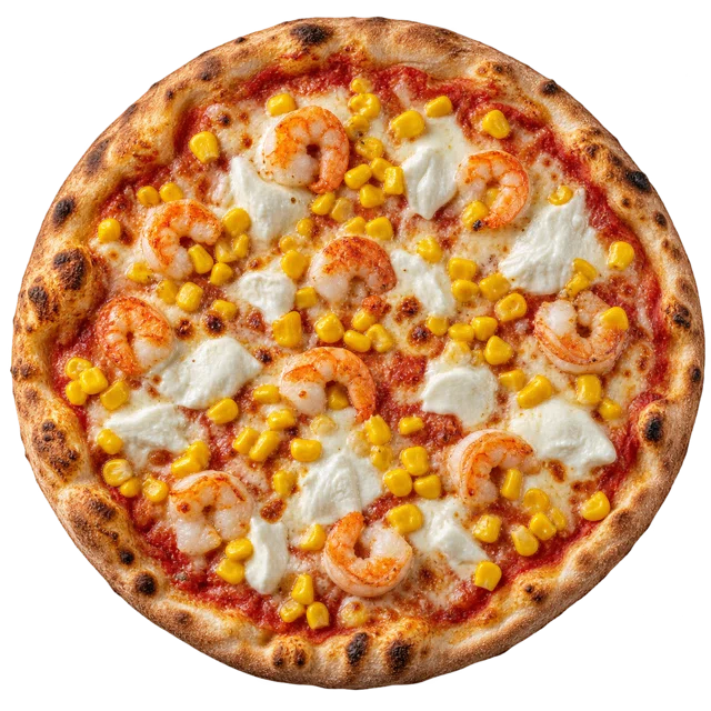 Delicata — sos pom., świeża mozzarella, krewetki, kukurydza