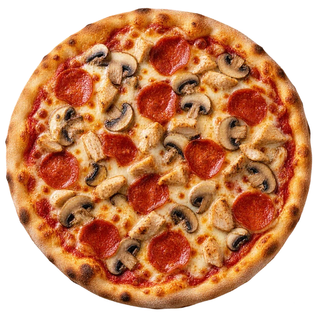 Toscana — sos pom., ser, peperoni, kurczak, pieczarki