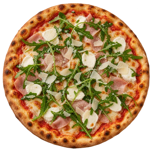 Salute — sos pom., ser, szynka, świeża mozzarella, rukola, parmezan