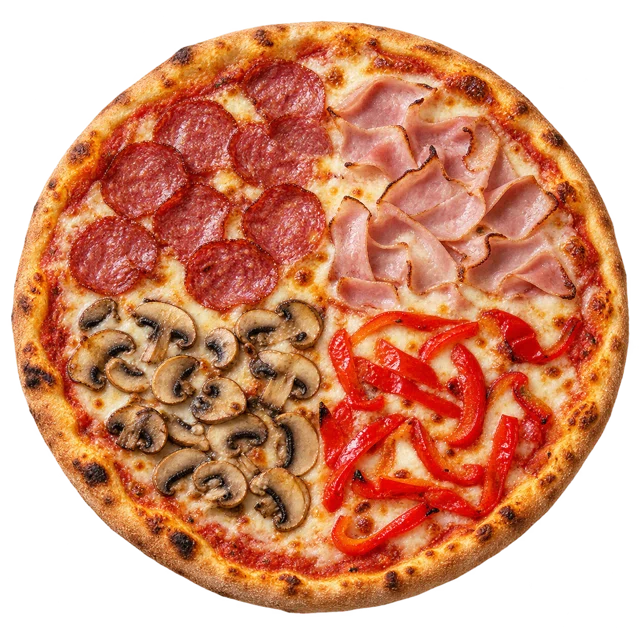 Quattro Stagioni — sos pom., salami, szynka, pieczarki, papryka