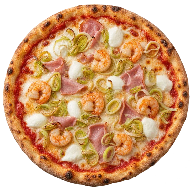 Quattro Peccati — sos pom., ser, świeża mozzarella, szynka, krewetki, por