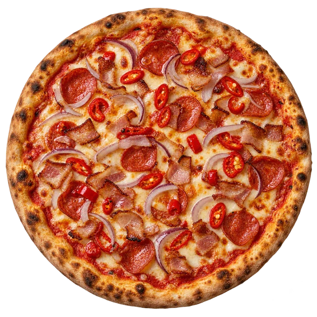 Bomba — sos pom., ser, salami, boczek, chili, cebula, tabasco