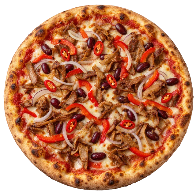 Messicana — sos pom., ser, mięso kebab, fasola, papryka, chili, cebula