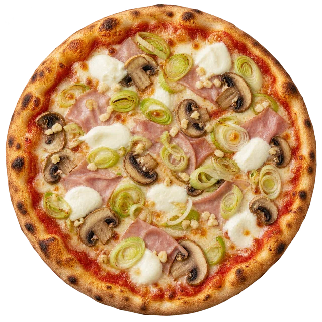 Italia — sos pom., ser, szynka, świeża mozzarella, pieczarki, por, czosnek