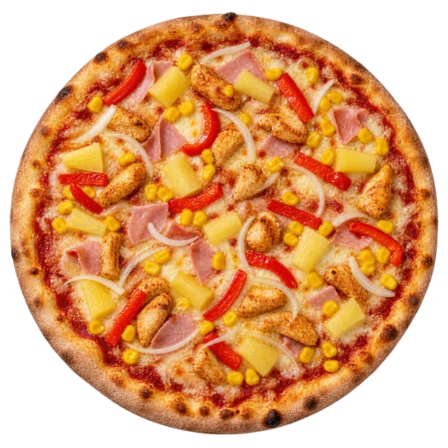 Americana — sos pom., ser, szynka, kurczak pikantny, ananas, papryka, kukurydza, cebula