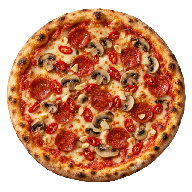 Calabrese — sos pom., ser, peperoni, pieczarki, chili, czosnek