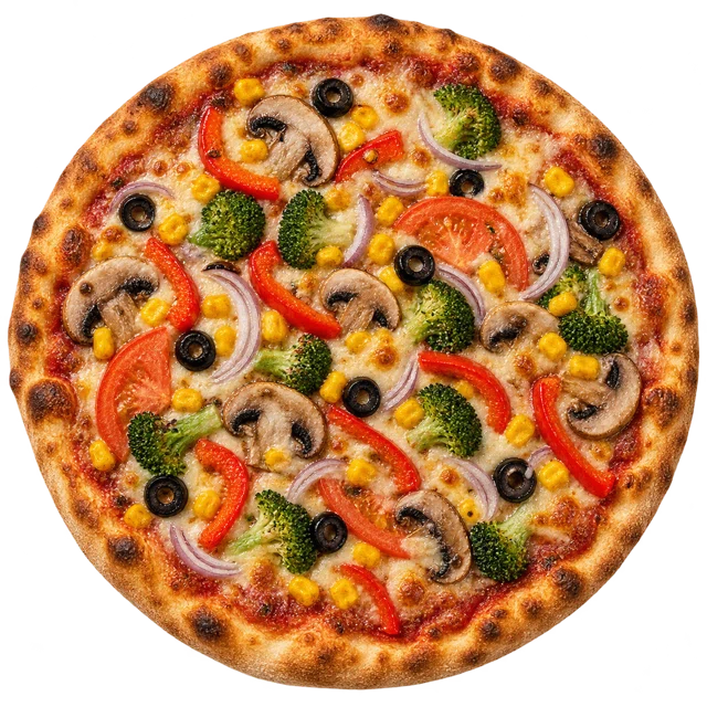 Vegetariano — sos pom., ser, pieczarki, papryka, pomidor, kukurydza, oliwki, cebula, brokuły