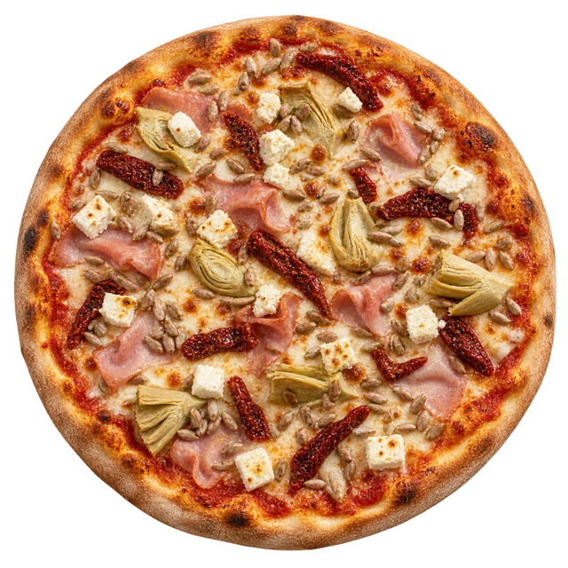 Amore — sos pom., ser, szynka, feta, suszone pomidory, karczochy, słonecznik